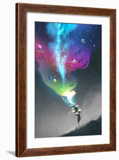 The Kid Opening a Fantasy Box with Colorful Light and Fantastic Space,Illustration Painting-Tithi Luadthong-Framed Art Print
