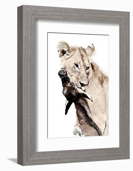 The Kill. A Lioness with a Blue Wildebeest Calf, Serengeti National Park, East Africa-James Hager-Framed Photographic Print