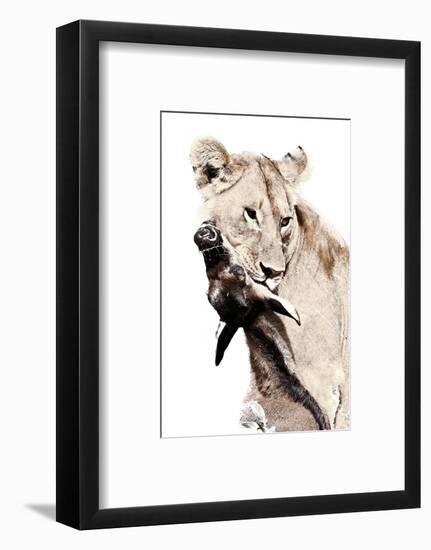 The Kill. A Lioness with a Blue Wildebeest Calf, Serengeti National Park, East Africa-James Hager-Framed Photographic Print