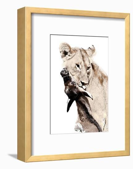 The Kill. A Lioness with a Blue Wildebeest Calf, Serengeti National Park, East Africa-James Hager-Framed Photographic Print