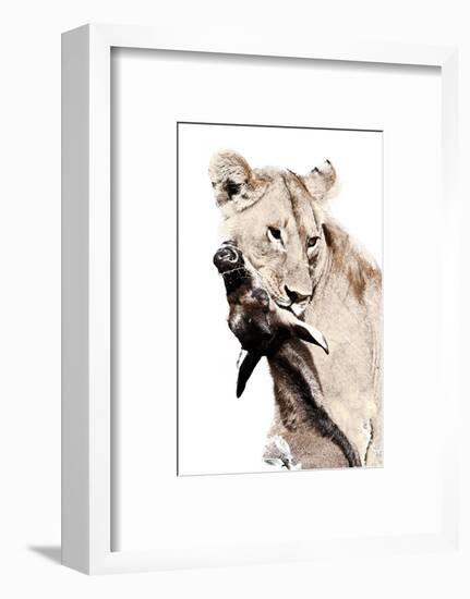 The Kill. A Lioness with a Blue Wildebeest Calf, Serengeti National Park, East Africa-James Hager-Framed Photographic Print