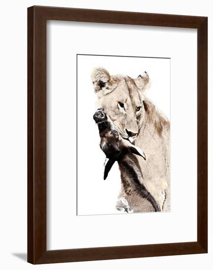 The Kill. A Lioness with a Blue Wildebeest Calf, Serengeti National Park, East Africa-James Hager-Framed Photographic Print