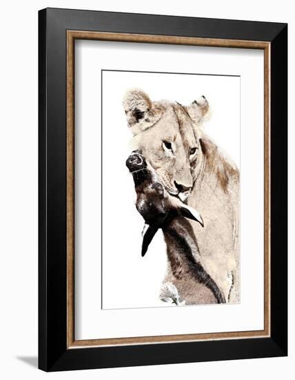 The Kill. A Lioness with a Blue Wildebeest Calf, Serengeti National Park, East Africa-James Hager-Framed Photographic Print