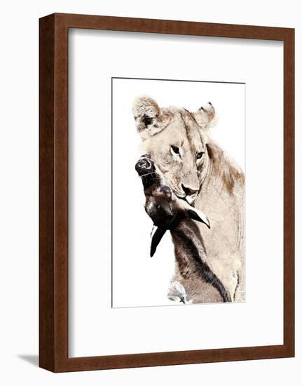 The Kill. A Lioness with a Blue Wildebeest Calf, Serengeti National Park, East Africa-James Hager-Framed Photographic Print