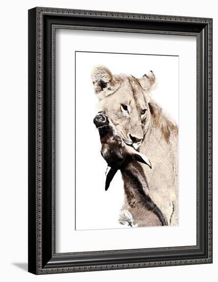 The Kill. A Lioness with a Blue Wildebeest Calf, Serengeti National Park, East Africa-James Hager-Framed Photographic Print