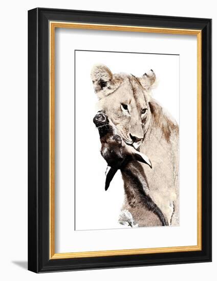 The Kill. A Lioness with a Blue Wildebeest Calf, Serengeti National Park, East Africa-James Hager-Framed Photographic Print