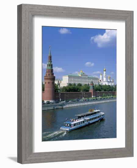 The Kremlin and Moskva River with Tourist Boat, Moscow, Russia-Steve Vidler-Framed Photographic Print