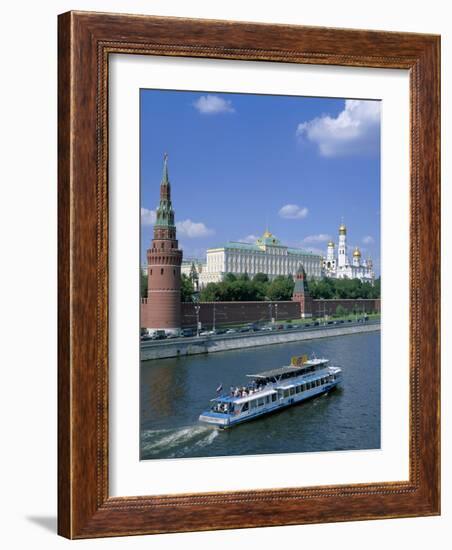 The Kremlin and Moskva River with Tourist Boat, Moscow, Russia-Steve Vidler-Framed Photographic Print