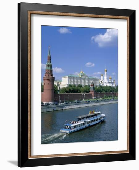 The Kremlin and Moskva River with Tourist Boat, Moscow, Russia-Steve Vidler-Framed Photographic Print