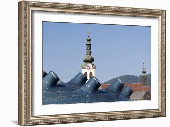 The Kunsthaus Graz in the Foreground with Traditional Baroque Bell Tower Behind Graz Austria-Julian Castle-Framed Photo