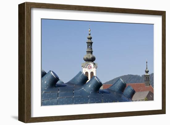 The Kunsthaus Graz in the Foreground with Traditional Baroque Bell Tower Behind Graz Austria-Julian Castle-Framed Photo