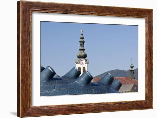 The Kunsthaus Graz in the Foreground with Traditional Baroque Bell Tower Behind Graz Austria-Julian Castle-Framed Photo