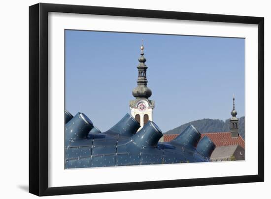 The Kunsthaus Graz in the Foreground with Traditional Baroque Bell Tower Behind Graz Austria-Julian Castle-Framed Photo