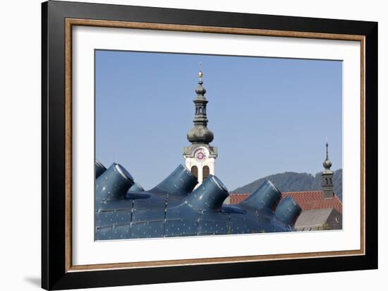 The Kunsthaus Graz in the Foreground with Traditional Baroque Bell Tower Behind Graz Austria-Julian Castle-Framed Photo