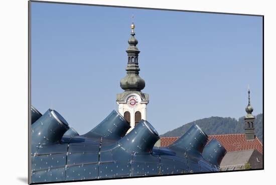 The Kunsthaus Graz in the Foreground with Traditional Baroque Bell Tower Behind Graz Austria-Julian Castle-Mounted Photo