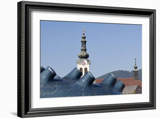 The Kunsthaus Graz in the Foreground with Traditional Baroque Bell Tower Behind Graz Austria-Julian Castle-Framed Photo