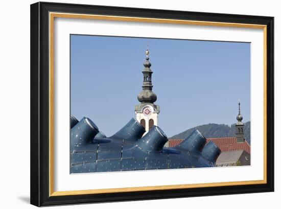 The Kunsthaus Graz in the Foreground with Traditional Baroque Bell Tower Behind Graz Austria-Julian Castle-Framed Photo