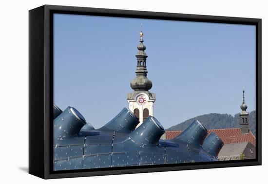 The Kunsthaus Graz in the Foreground with Traditional Baroque Bell Tower Behind Graz Austria-Julian Castle-Framed Stretched Canvas