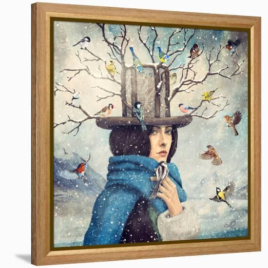 The Lady With The Bird Feeder Hat-Paula Belle Flores-Framed Stretched Canvas