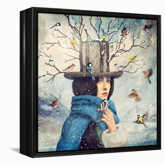 The Lady With The Bird Feeder Hat-Paula Belle Flores-Framed Stretched Canvas