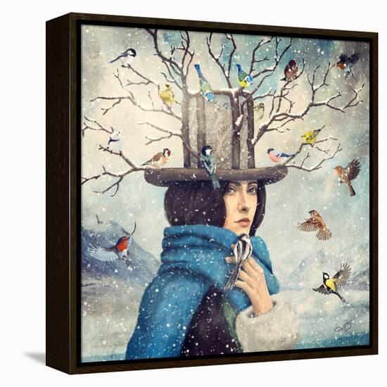 The Lady With The Bird Feeder Hat-Paula Belle Flores-Framed Stretched Canvas