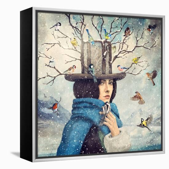 The Lady With The Bird Feeder Hat-Paula Belle Flores-Framed Stretched Canvas
