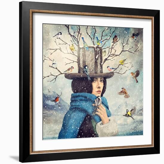 The Lady With The Bird Feeder Hat-Paula Belle Flores-Framed Premium Giclee Print