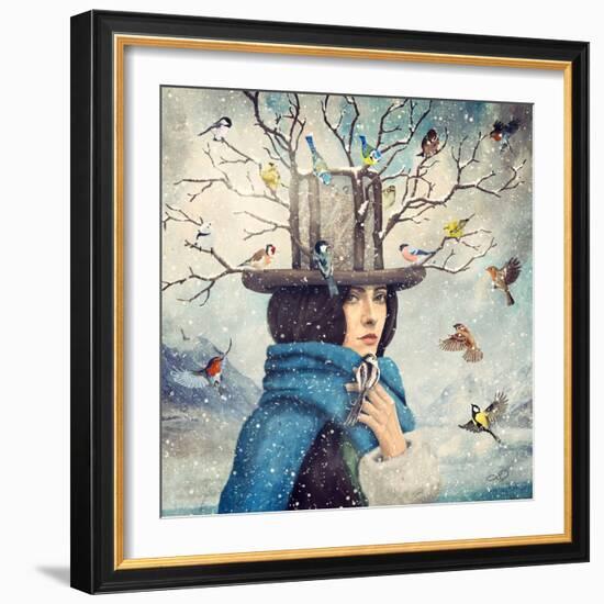 The Lady With The Bird Feeder Hat-Paula Belle Flores-Framed Premium Giclee Print