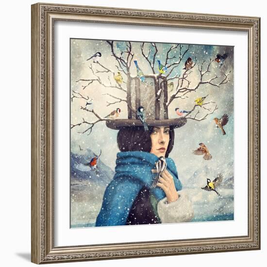 The Lady With The Bird Feeder Hat-Paula Belle Flores-Framed Art Print