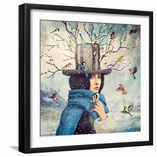 The Lady With The Bird Feeder Hat-Paula Belle Flores-Framed Art Print