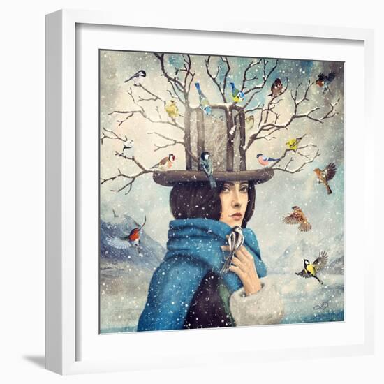 The Lady With The Bird Feeder Hat-Paula Belle Flores-Framed Art Print