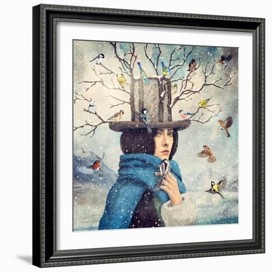 The Lady With The Bird Feeder Hat-Paula Belle Flores-Framed Art Print