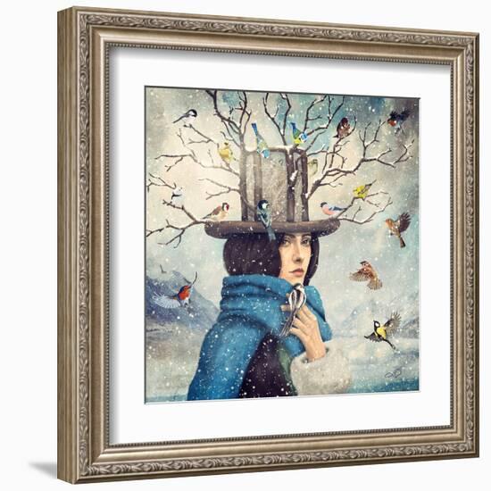 The Lady With The Bird Feeder Hat-Paula Belle Flores-Framed Art Print