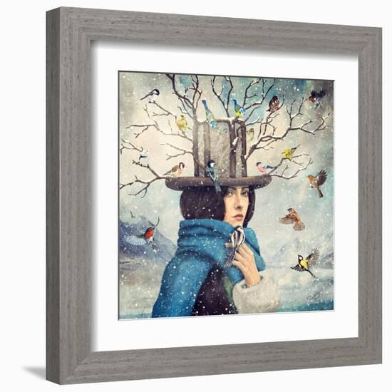 The Lady With The Bird Feeder Hat-Paula Belle Flores-Framed Art Print