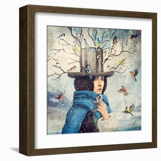 The Lady With The Bird Feeder Hat-Paula Belle Flores-Framed Art Print