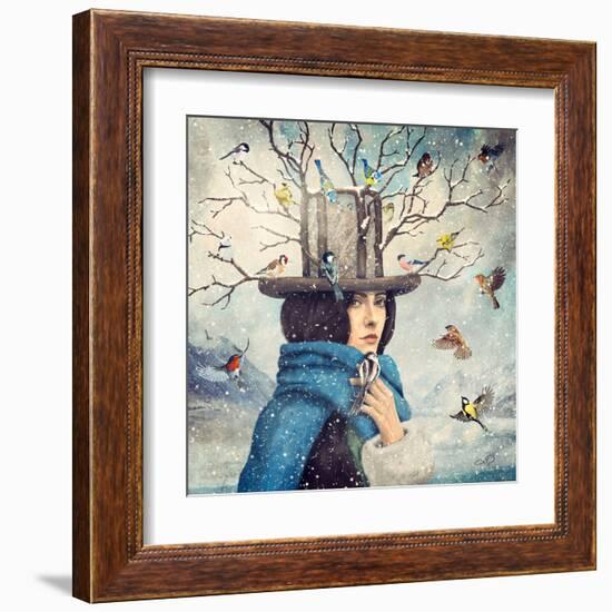 The Lady With The Bird Feeder Hat-Paula Belle Flores-Framed Art Print