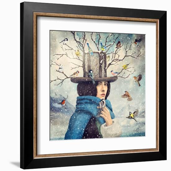 The Lady With The Bird Feeder Hat-Paula Belle Flores-Framed Art Print