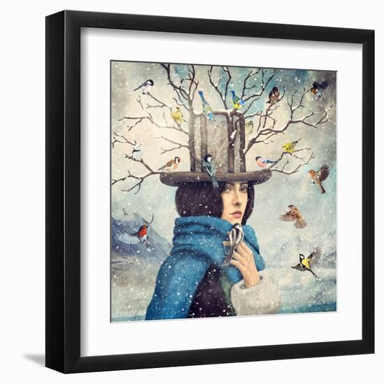 The Lady With The Bird Feeder Hat-Paula Belle Flores-Framed Art Print