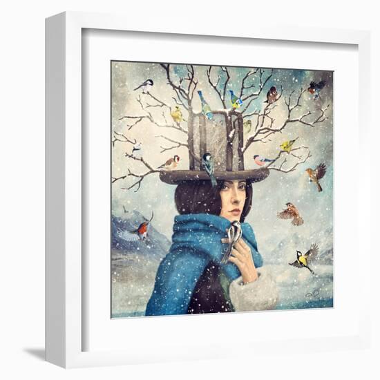 The Lady With The Bird Feeder Hat-Paula Belle Flores-Framed Art Print