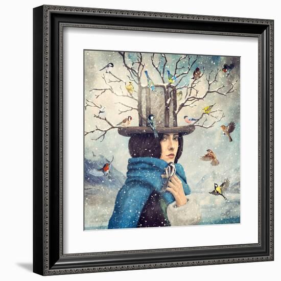 The Lady With The Bird Feeder Hat-Paula Belle Flores-Framed Art Print