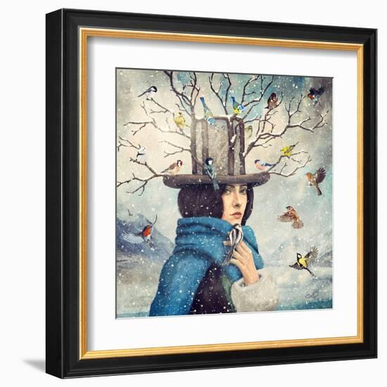 The Lady With The Bird Feeder Hat-Paula Belle Flores-Framed Art Print