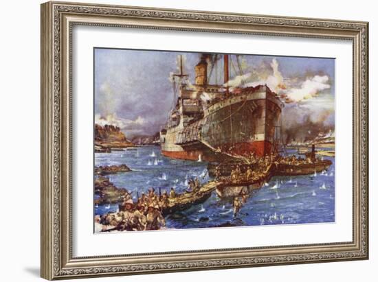 The Landing of Troops from the River Clyde at V Beach, Gallipoli Peninsula, Turkey, 25 April 1915-Charles Edward Dixon-Framed Giclee Print