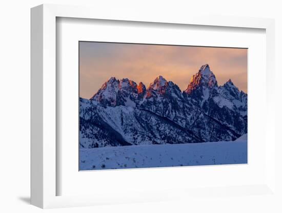 The last rays of sunset hit the Grand Teton on a winter evening-Tim Laman-Framed Photographic Print