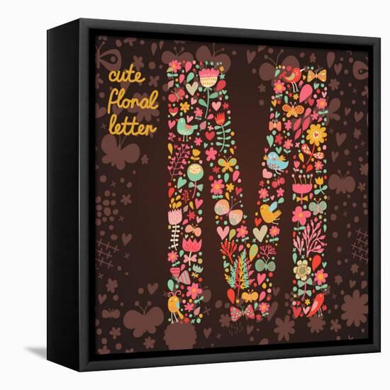 The Letter M. Bright Floral Element of Colorful Alphabet Made from Birds, Flowers, Petals, Hearts A-smilewithjul-Framed Stretched Canvas
