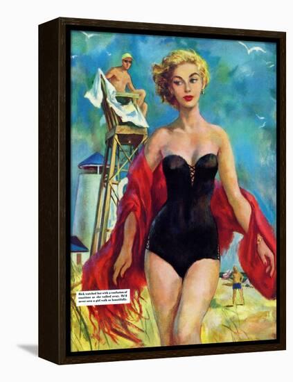 The Lifeguard & The Lady  - Saturday Evening Post "Leading Ladies", August 27, 1955 pg.24-Bn Stahl-Framed Premier Image Canvas