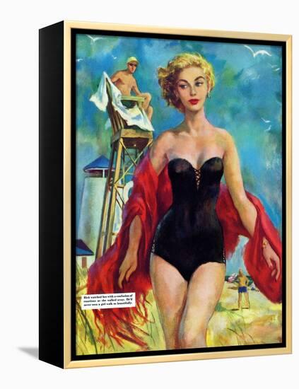 The Lifeguard & The Lady  - Saturday Evening Post "Leading Ladies", August 27, 1955 pg.24-Bn Stahl-Framed Premier Image Canvas