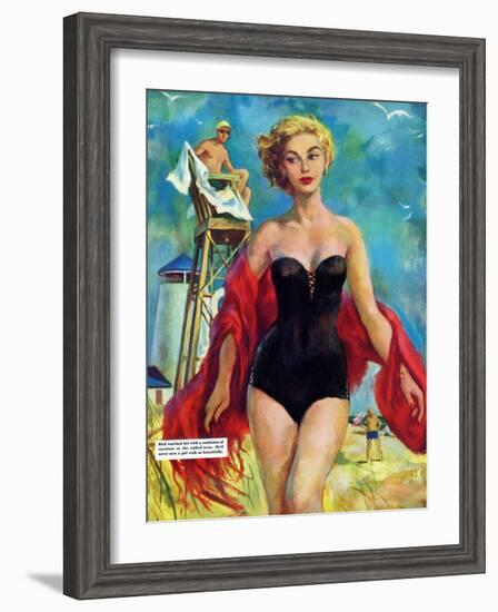 The Lifeguard & The Lady  - Saturday Evening Post "Leading Ladies", August 27, 1955 pg.24-Bn Stahl-Framed Premium Giclee Print