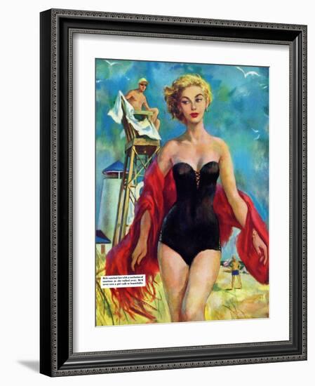 The Lifeguard & The Lady  - Saturday Evening Post "Leading Ladies", August 27, 1955 pg.24-Bn Stahl-Framed Premium Giclee Print