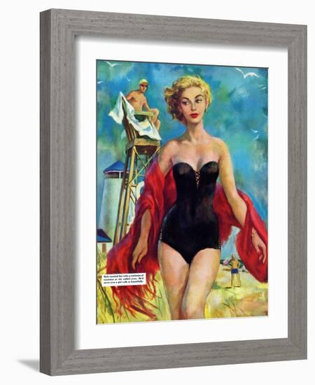 The Lifeguard & The Lady  - Saturday Evening Post "Leading Ladies", August 27, 1955 pg.24-Bn Stahl-Framed Giclee Print