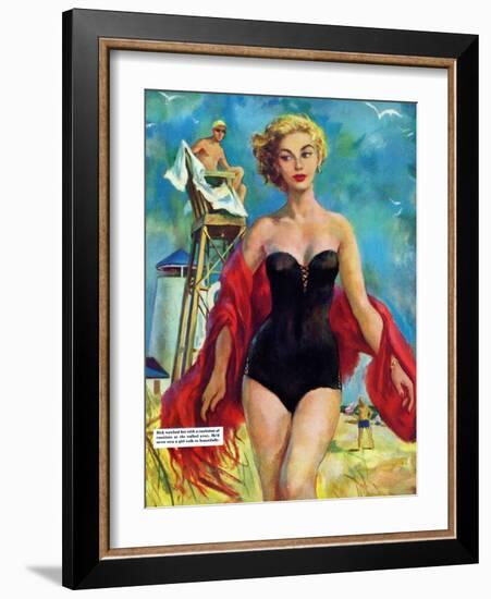 The Lifeguard & The Lady  - Saturday Evening Post "Leading Ladies", August 27, 1955 pg.24-Bn Stahl-Framed Giclee Print